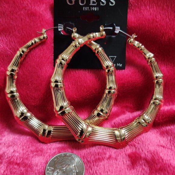 NWT Gold Guess Bamboo Hoop Earrings - Picture 4 of 6